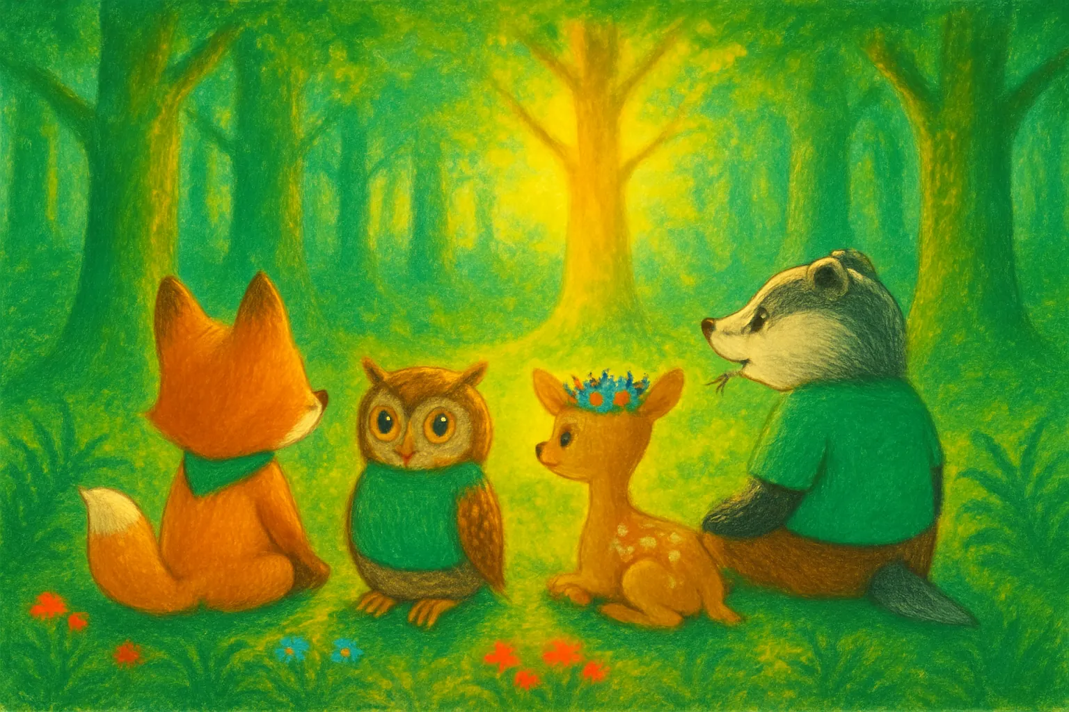 Die Freunde bewundern den Baum und genießen die warme Sonne im Wald.