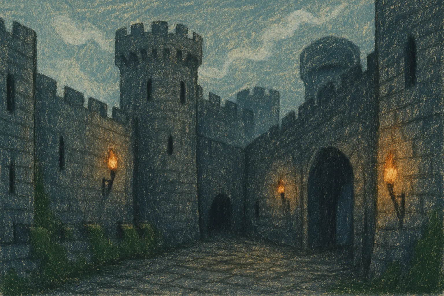 Background painting of A misty medieval castle sheltering four loyal knight companions.