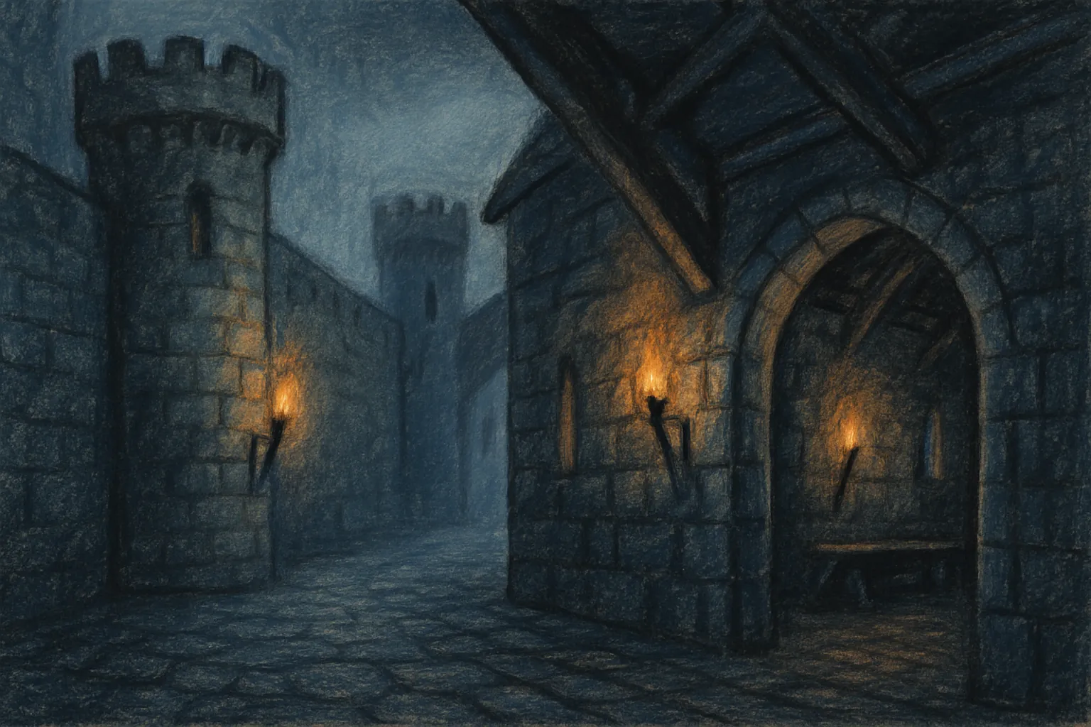 Background painting of A dimly lit medieval castle harbouring secrets and close companions.
