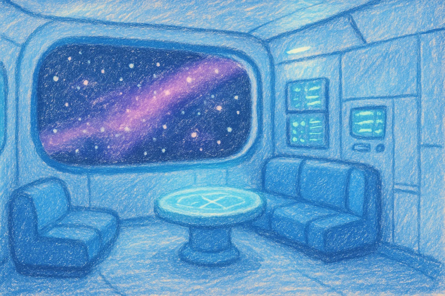 Background painting of A small spaceship cruising peacefully through deep, colourful space.