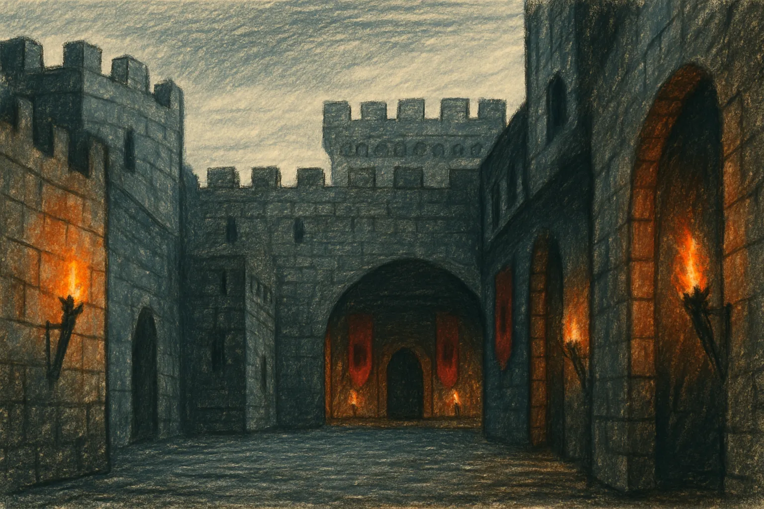 Background painting of Mysterious medieval castle shrouded in shadows and secrets.
