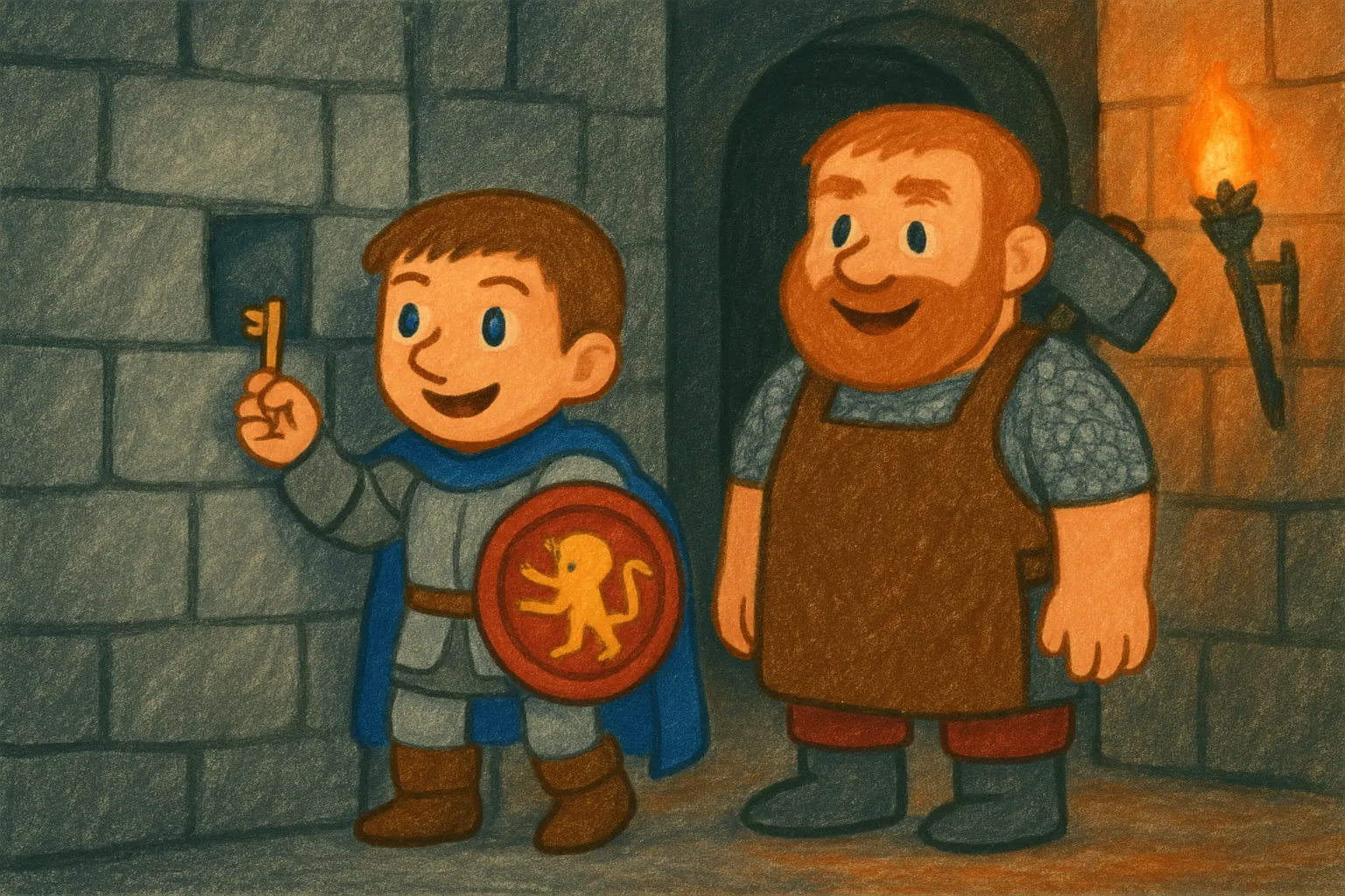 Finn finds the key hidden in the blacksmith walls.