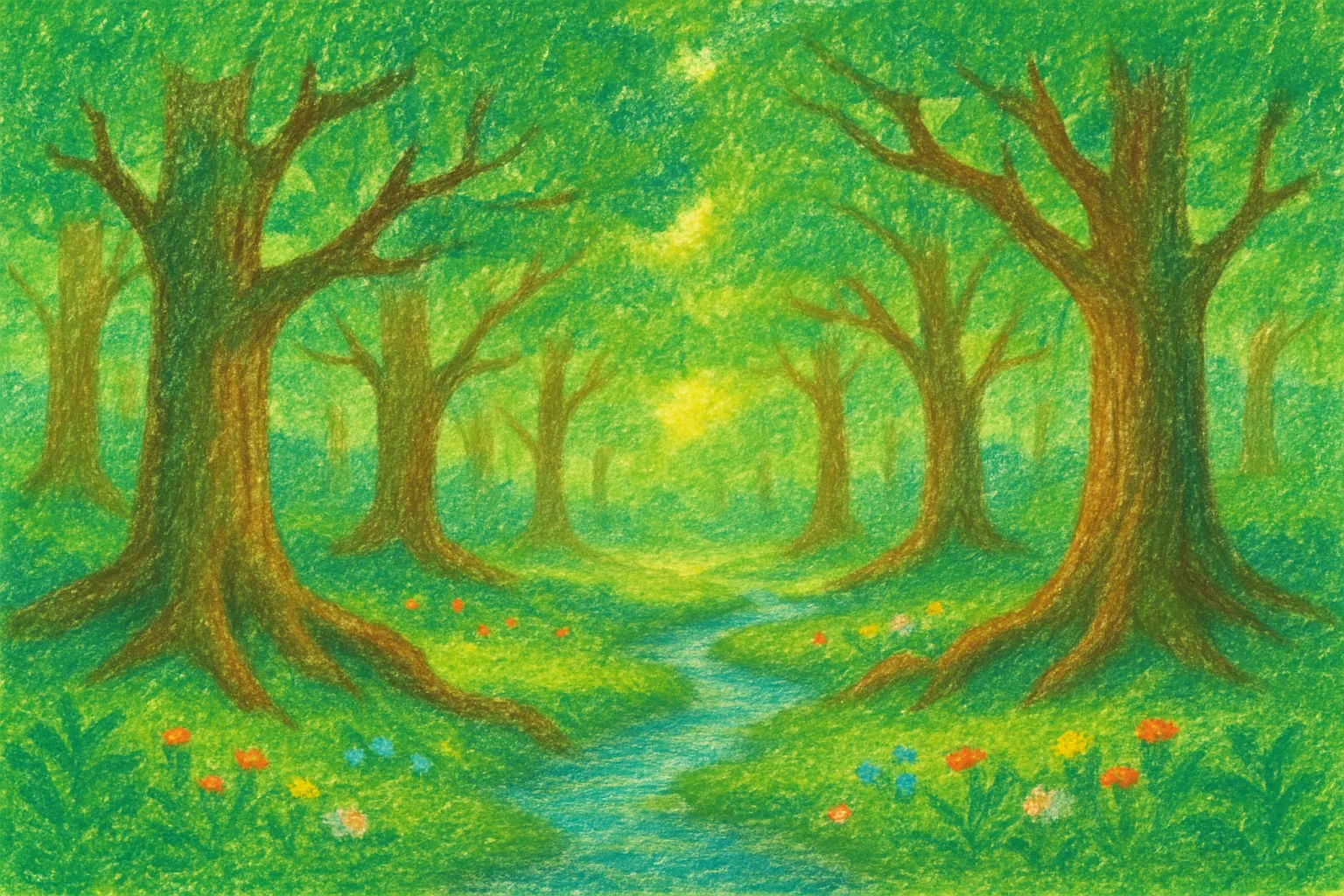 Background painting of A vibrant forest where four animal friends share adventures.