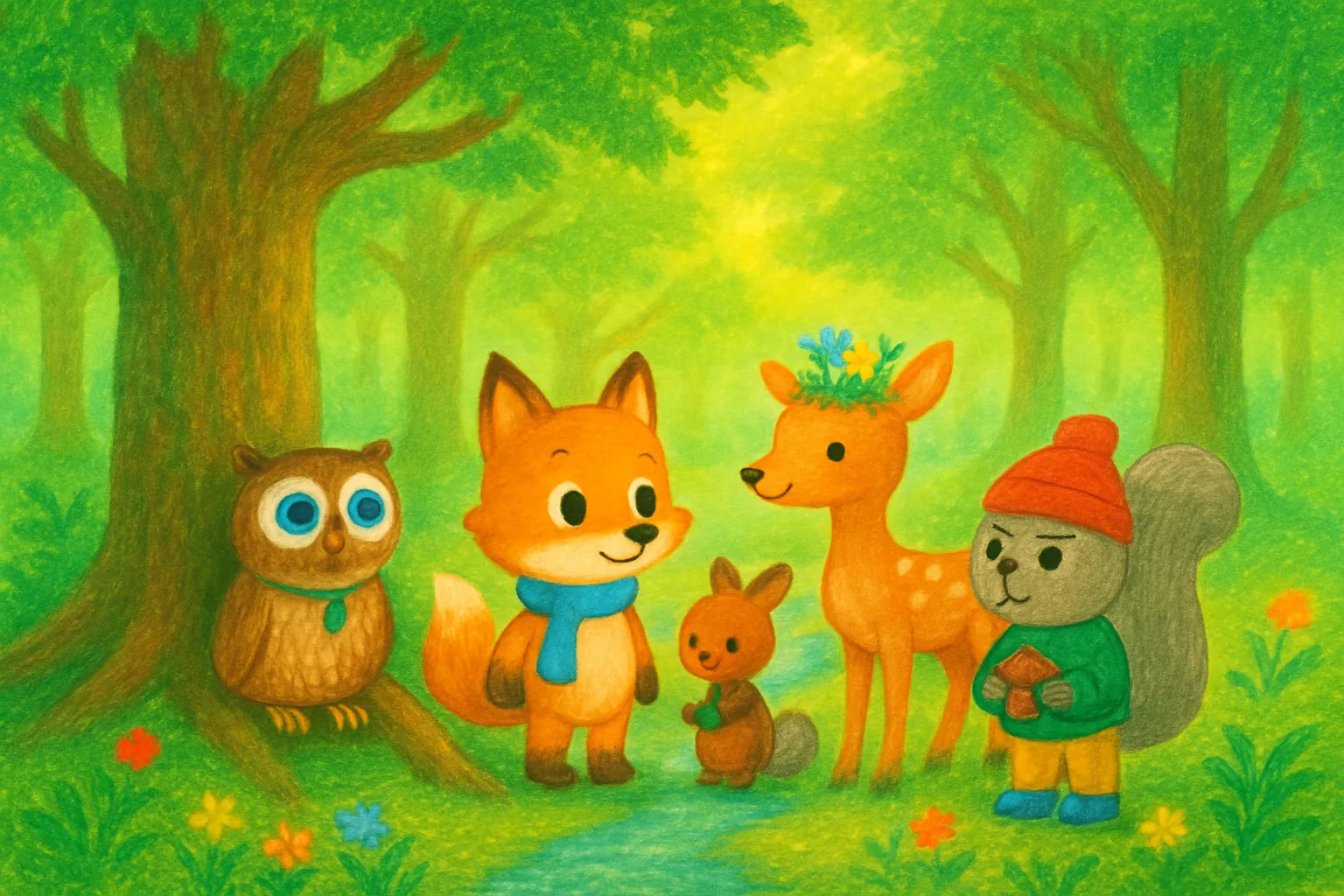 The four friends are together in the forest.