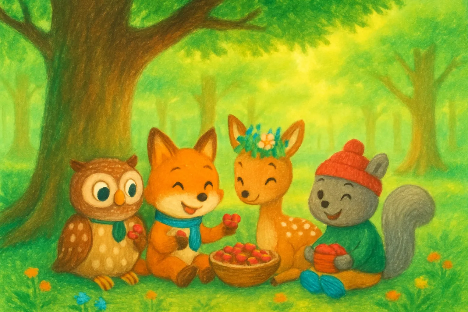 Friends eat berries and feel happy together.