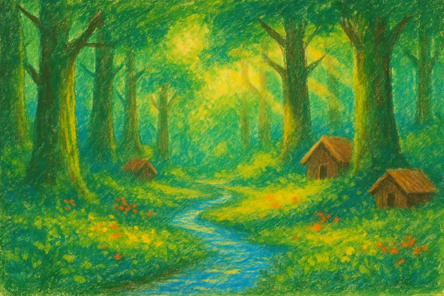 Background painting of Four friends live and adventure together in a vibrant forest.