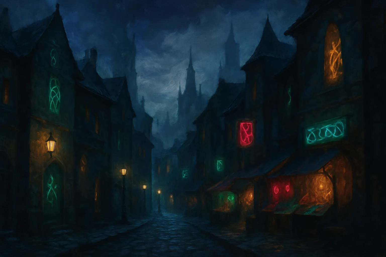 Background painting of A mystical city where secrets and rivalries brew under shadowed streets.