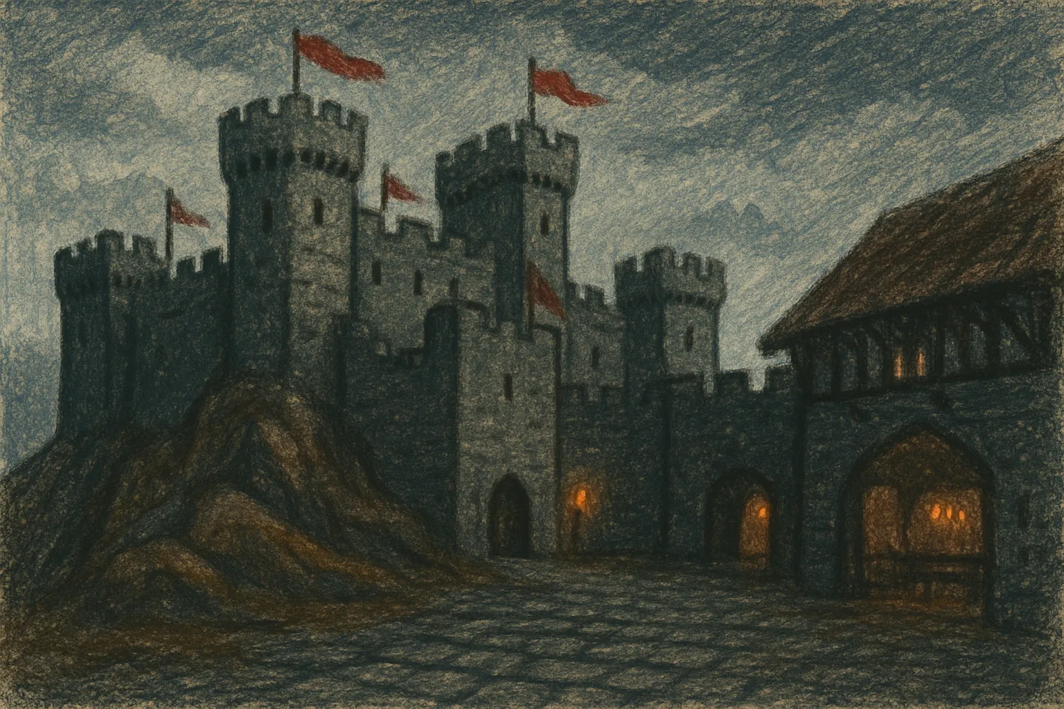 Background painting of A medieval castle shrouded in shadows and guarded by loyal servants.