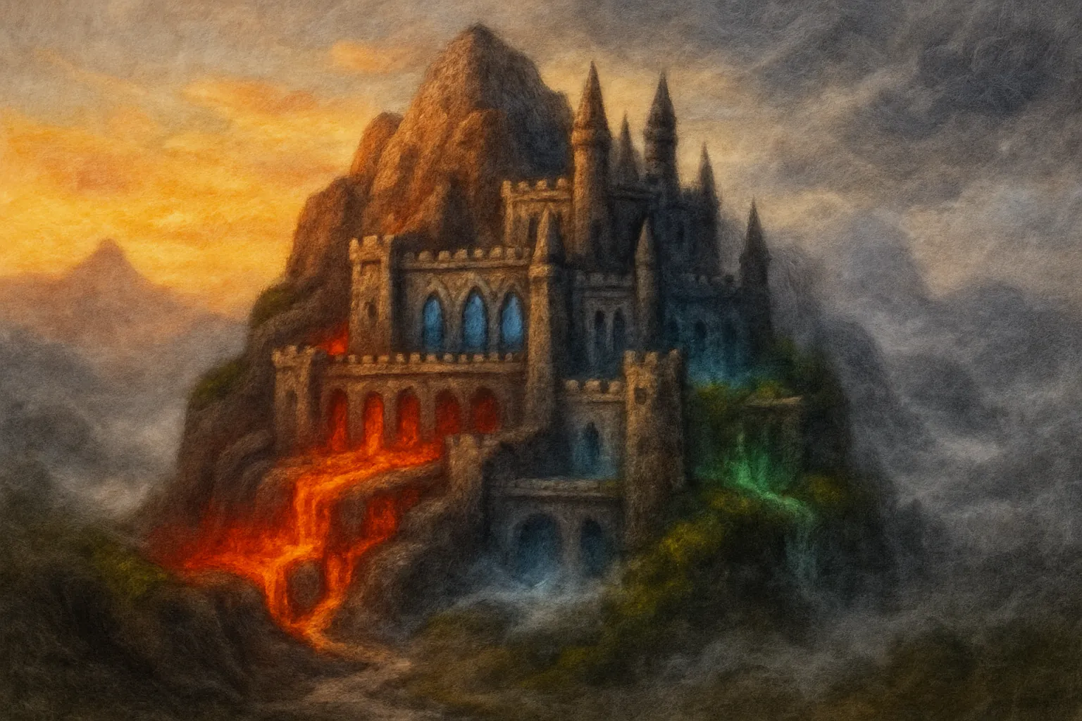 Background painting of An elemental wizard stronghold carved into a misty mountain summit.