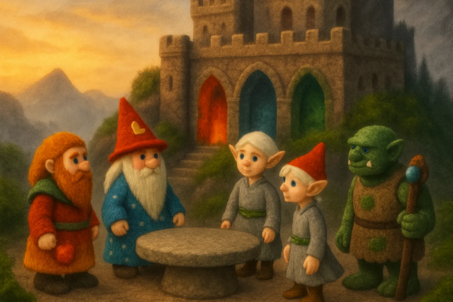 The four wizards meet in the stronghold and find the Fire Stone missing.