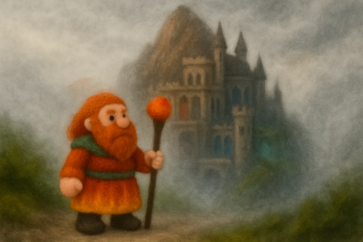 Tarn tries to find the Stone outside but cannot see it in the mist.