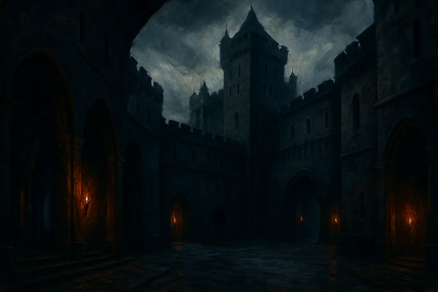 Background painting of A somber, medieval castle where knights face tragic fate.