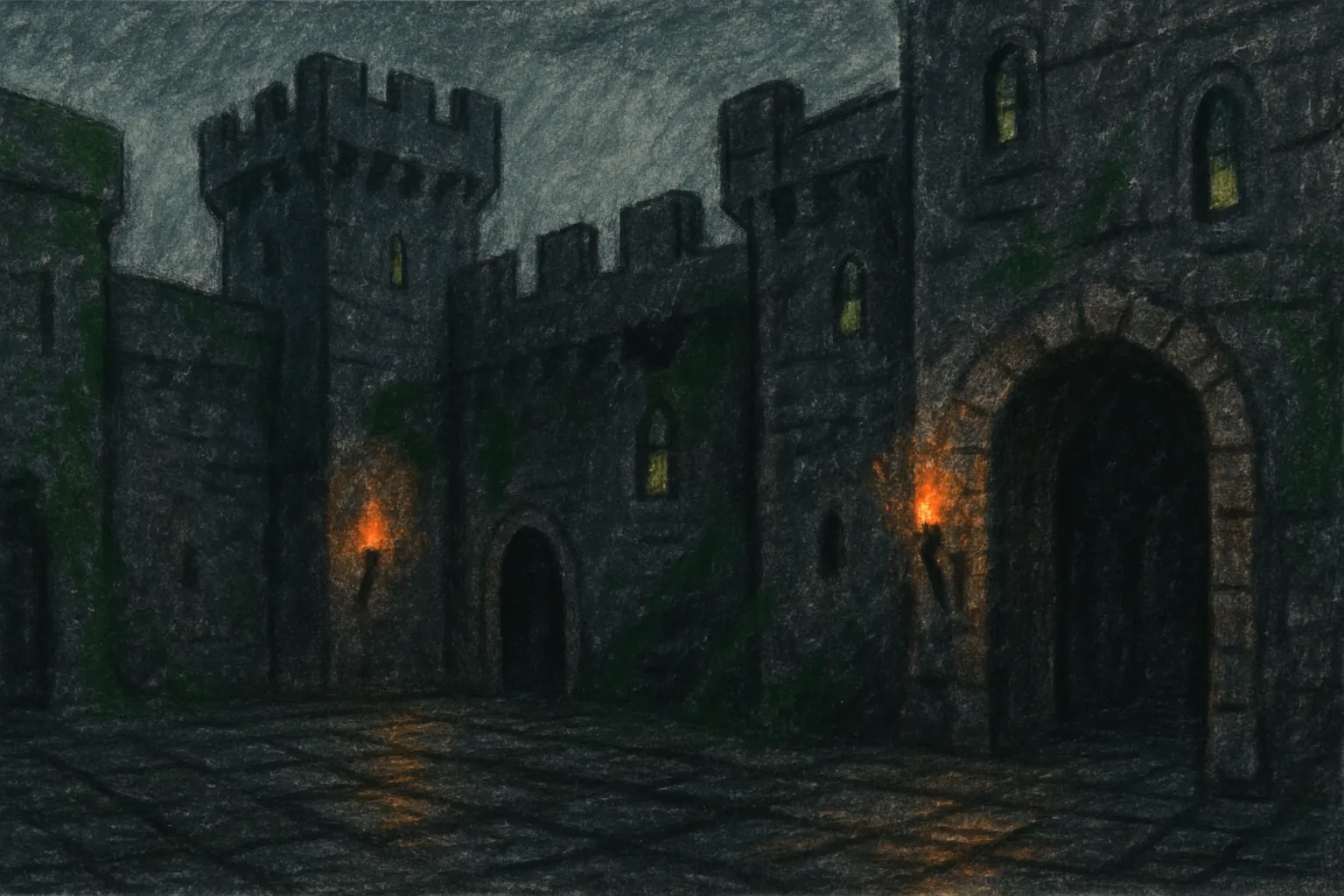 Background painting of Gloomy medieval castle harbouring secrets and shadowed knights.