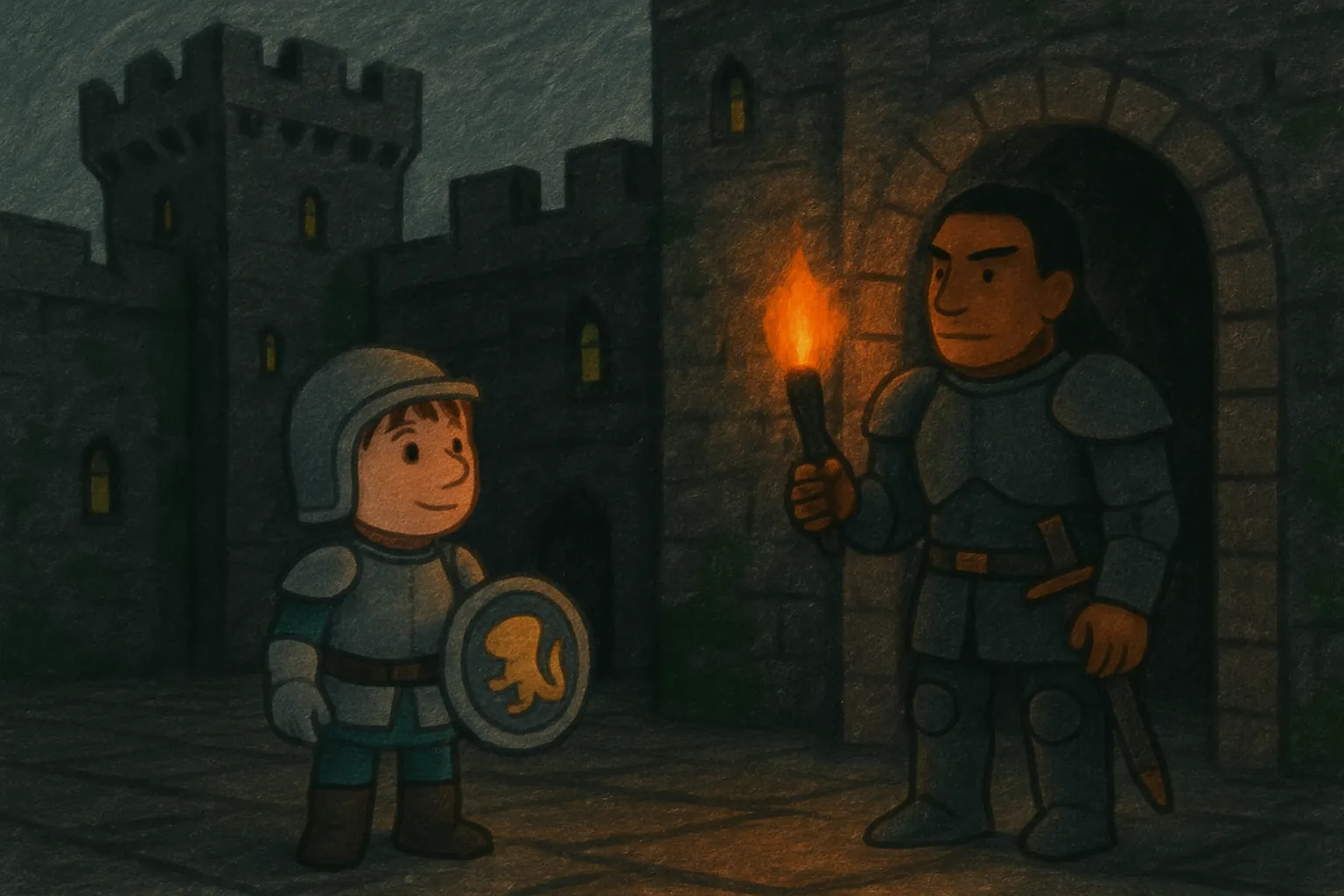 Lina und Max bewachen das Schloss bei Nacht.
