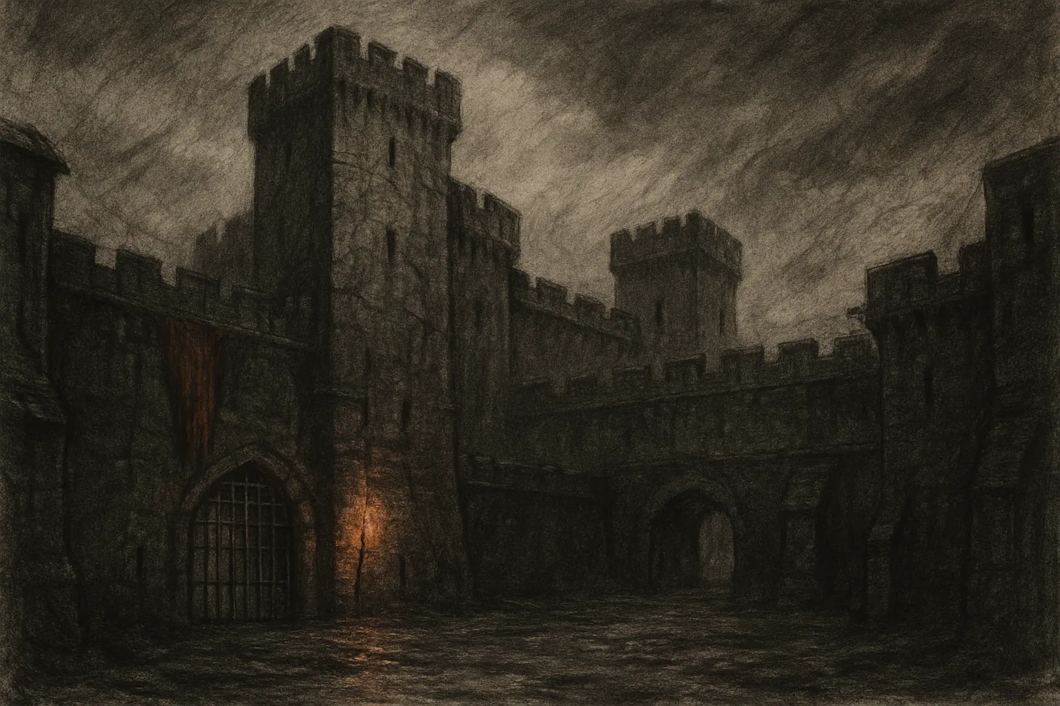 Background painting of An ancient, decaying castle engulfed in perpetual gloom and shadow.